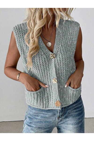 ATE ÖZGÜNEŞ TRİKO TEKSTİL Women'S, Rib Knit V-Neck Buttoned Cardigan, Vest