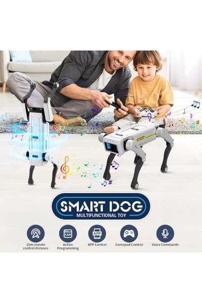 iUni Câine robot inteligent 8002, cu telecomandă, aplicație și comenzi vocale, programabil, 25+ funcții interactive
