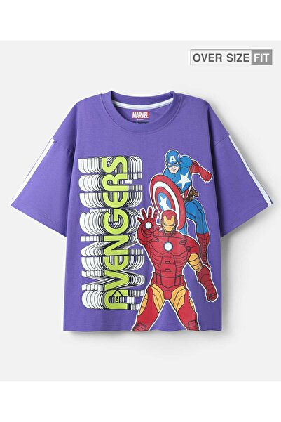 Pine Kids Marvel تيشيرت قصة فضفاضة بأكمام نصف منسدلة ورسومات أفنجرز - بنفسجي