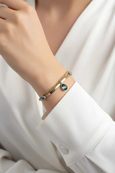 Clariss Çelik Nazar Boncuk Detaylı Mavi Zirkon Taşlı Model İtalyan Zincir Gol...