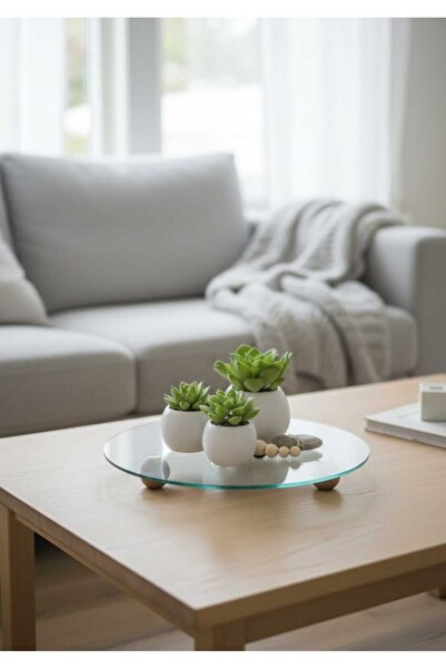 Online Home Market 25 cm Yuvarlak Cam Ahşap Top Ayaklı Vidalı Dekoratif Sunum...