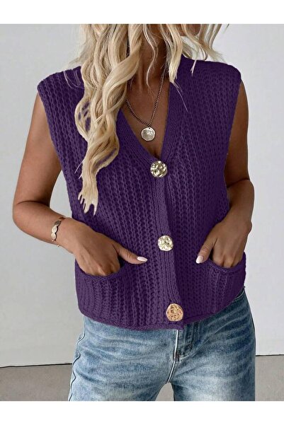 ATE ÖZGÜNEŞ TRİKO TEKSTİL سترة نسائية محبوكة بياقة على شكل V مع أزرار، صدرية