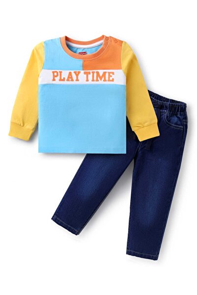 Babyhug Terry Knit Full Sleeves Cut & Sew T-Shirt & Denim Jeans Set Text Patc...