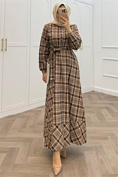 Neşeli Butik فستان نسائي محتشم بتفاصيل أزرار ونقشة مربعات NMS076