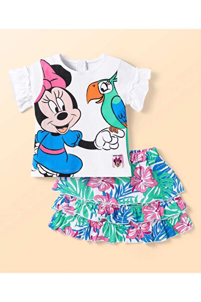 Babyhug Disney Single Jersey Knit Half Sleeve Top & Tiered Skirt Set Minnie Mouse-White Blue & Green