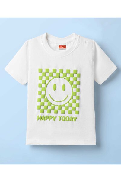 Babyhug Half Sleeves T-Shirt with Smiley Puff Print - Light Green & White