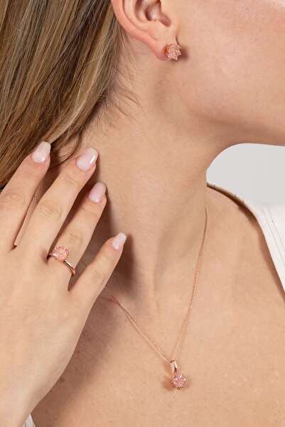 Söğütlü Silver 925 Ayar Gümüş Set Rose Lotus Çiçeği Pembe Taşlı Kolye Küpe ve...