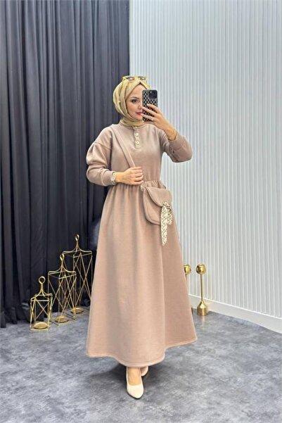 Neşeli Butik Women's Beige Gold Buttoned Bag Detailed Full Length Hijab Dress...