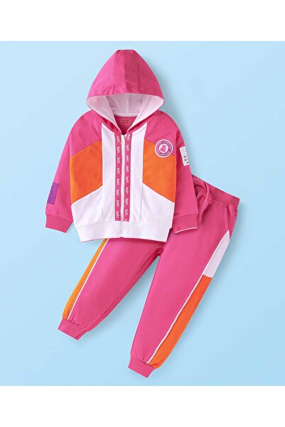 Babyhug Terry Knit Full Sleeves Cut & Sew Hooded Sweat Jacket & Joggers Set with Patch - Multicolor