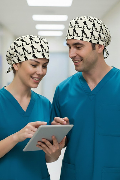 Lion Üniforma Kediyle Köpek Desenli Cerrahi Bone Unisex – Likralı Doktor Hemş...