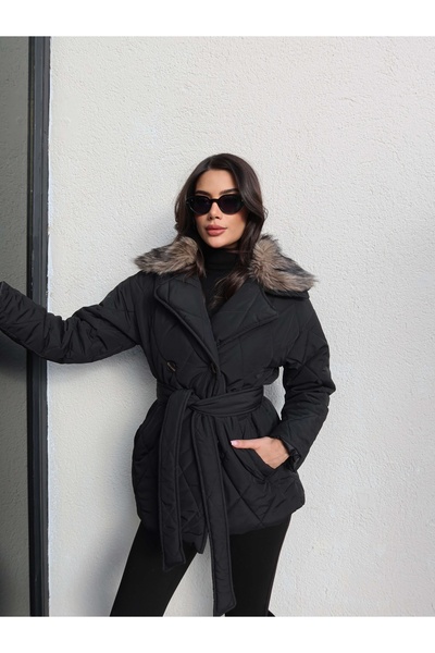 ESRAHELVACI Baklava Pattern Collar Fur Padded Coat