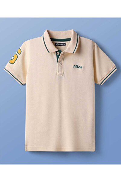 Pine kids Cotton Knit Half Sleeves Polo T-Shirt with Number Patch - Peach