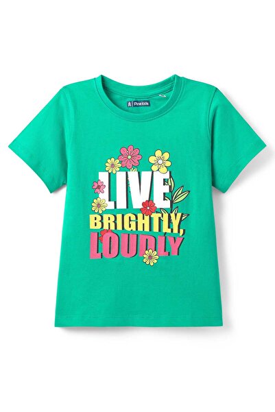 Pine kids Live Brightly Loudly Graphic Cotton Knit Half Sleeves T-Shirt - Light Green