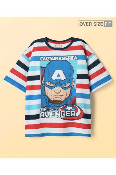 Pine Kids Marvel تيشيرت واسع بأكمام نصفية وكتف منسدل، مزين برسومات كابتن أمري...
