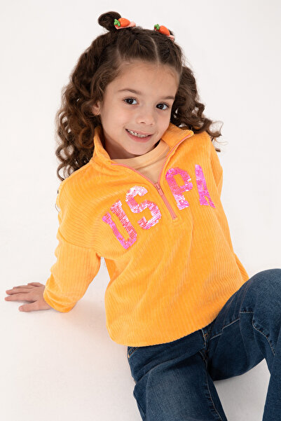 U.S. Polo Assn. Kız Çocuk Turuncu Yarım Fermuarlı Pul Payetli Sweatshirt 5031...