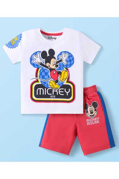 Babyhug Disney طقم تيشيرت وشورت بنصف كم مزين بطبعة ميكي ماوس وعائلته - أبيض و...