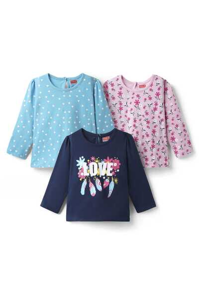 Babyhug 100% Cotton Knit Full Sleeves T-Shirts with Hearts & Floral Print (Pack of 3) - Pink & Blue