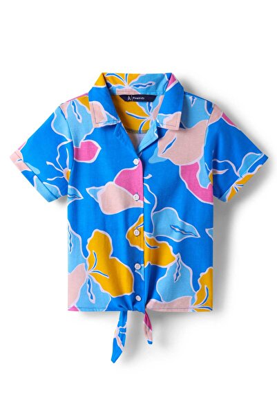 Pine kids Cotton Knit Half Sleeves Knotted Top with Abstract Print - Blue