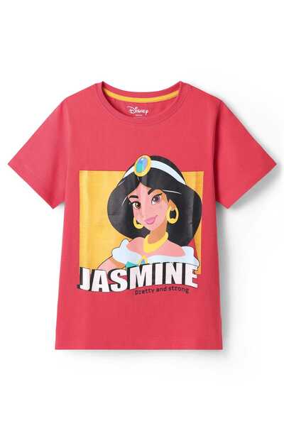 Pine Kids Disney تيشيرت نصف كم من نسيج جيرسي مفرد مزين برسومات الياسمين - أحمر