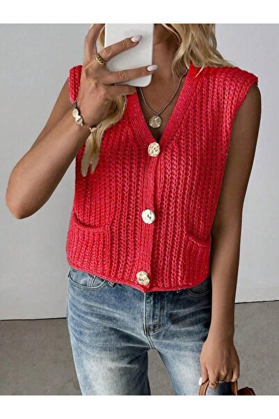 ATE ÖZGÜNEŞ TRİKO TEKSTİL Women'S, Rib Knit V-Neck Buttoned Cardigan, Vest