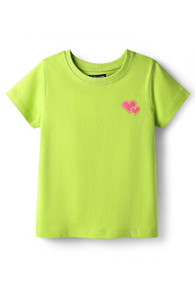Pine kids Cotton Knit Half Sleeves T-Shirt With Heart Print - Limegreen