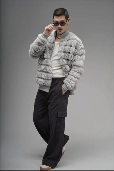 AKÇAYLAR Oversized Zipper Closure Mock Neck Unlined Plush Jacket