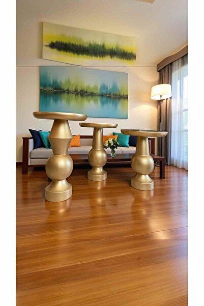 Simillo Home&Living Ahşap Mantar Sehpa 3’lü Altın Renk Masif Doğal Zigon ve F...