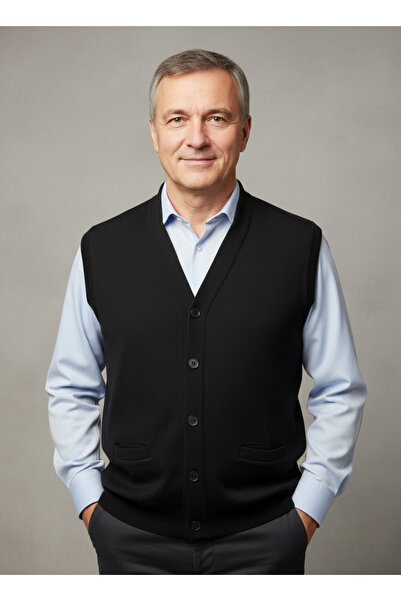 nacar çarşı Erkek Siyah Detaylı Düğmeli Çelik Örgü Yelek - Rahat Kalıp Triko