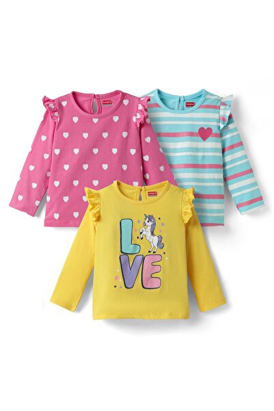 Babyhug 100% Cotton Knit Full Sleeve Striped T-Shirt Heart Unicorn Pack of 3-Yellow Pink &Light Blue