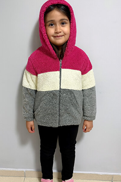 ÖZNUR Kız Çocuk Renk Bloklu Peluş Kapüşonlu hırka