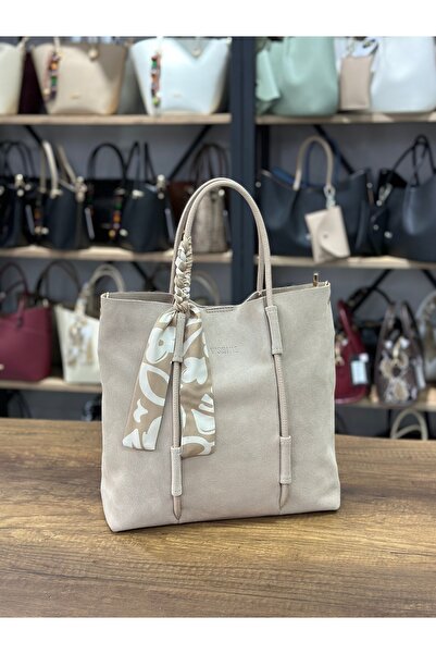 V'SHINE MODEL 5013 FULAR DETAYLI HAKİKİ DERİ SÜET ÇANTA (K.BEJ)