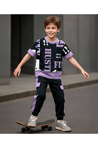 Ollington St. طقم تيشيرت وبنطال رياضي من القطن المحبوك بنصف كم مطبوع عليه نص ...