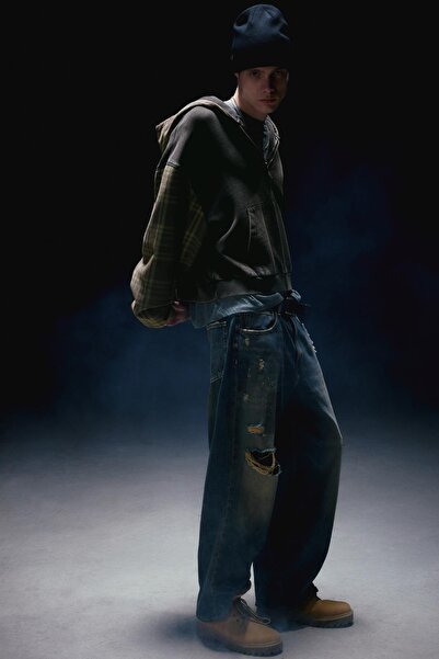 Pull & Bear Kareli fermuarlı kapüşonlu sweatshirt