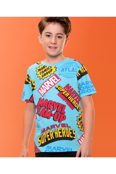 Pine Kids Marvel تيشيرت بأكمام نصفية من قماش جيرسي مفرد مع طباعة نص مارفل - أزرق