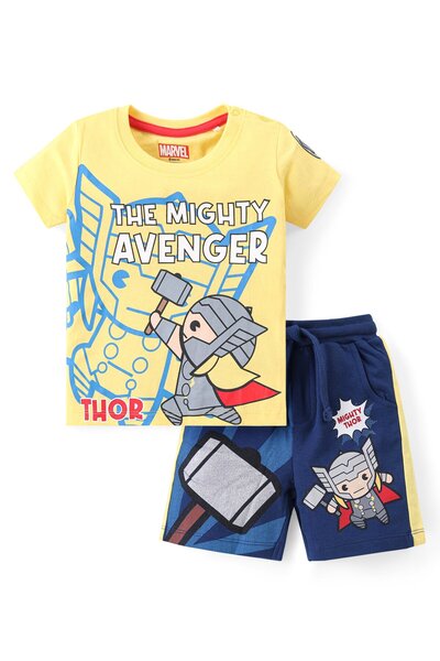 Babyhug Marvel Cotton Knit Half Sleeves T-Shirt and Shorts Set With Thor Grap...