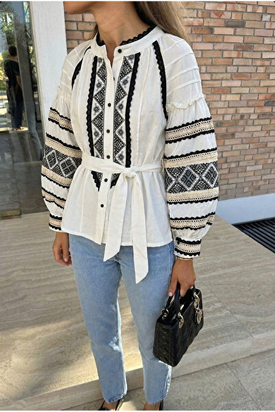 FEMELLE Women's Belted Balloon Sleeve Lace Detailed Bohemian Embroidery Embroidered Cotton Shirt