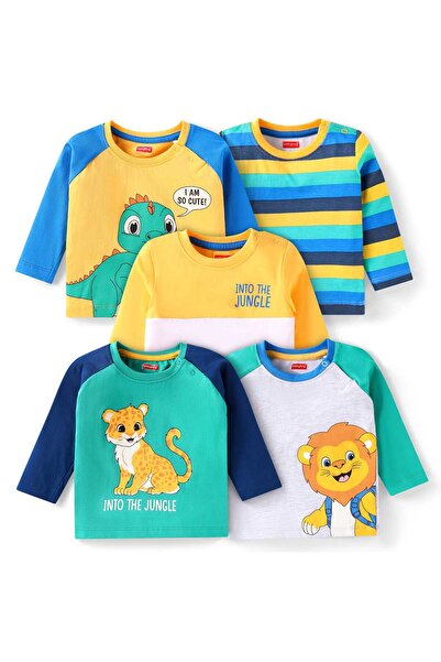 Babyhug Full Sleeves Tops with Stripes & Animal Print (Pack of 5) - Multicolor