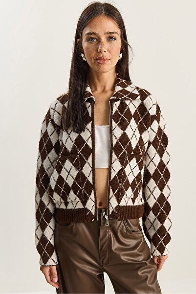 Bianco Lucci Women's Diamond Patterned Collared Zippered Knit Cardigan 20251099