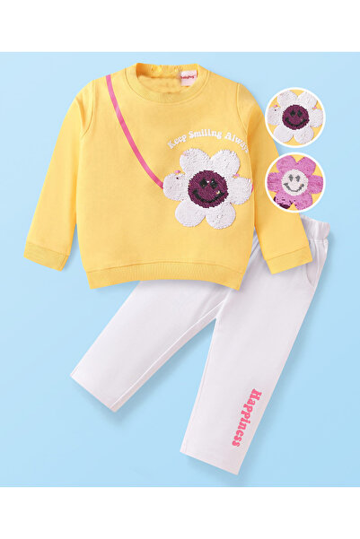 Babyhug Single Jersey Knit Full Sleeves T-Shirt & Pants Set Reversible Sequin - Yellow & White