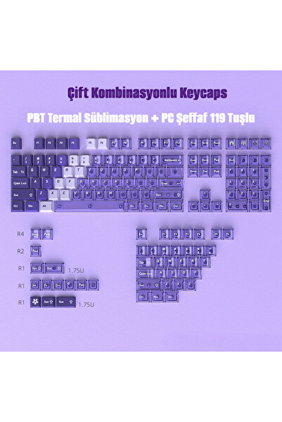 silabor Mekanik Klavye Tuş Takımı 119 Tuş Keycaps PBT Süblimasyonlu Çift Renk...