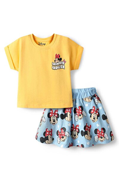 Babyhug Disney Single Jersey Knit Half Sleeve T-Shirt Skirt Set Minnie Mouse Print-Yellow&Light Blue