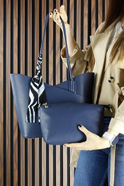 Erkan Saçmacı Navy Blue Vegan Magnetic Closure Large Size Daily Shoulder Bag and Handbag with Strap