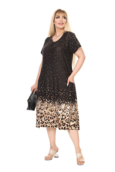 MELSAY Women's Short Sleeve Black Polka Dot Skirt Leopard Pattern Standard Fit Viscose Dress 44-52 Size Range