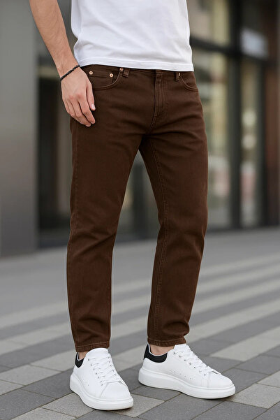 DAMGA JEANS بنطلون جينز كلاسيكي للرجال بقصة مستقيمة ولون بني