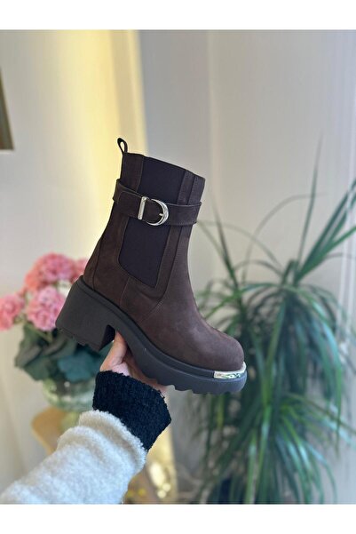 BABLACK Belt Detailed 100% Nubuck Leather Mid-Size Boots Bitter Brown