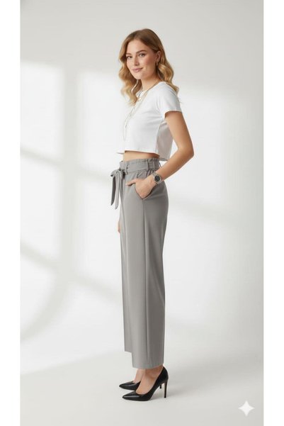 ribana Women's High Waist Wide Leg Pants with Pockets, Elastic Waistband, and Tie-Up Fabric Trousers