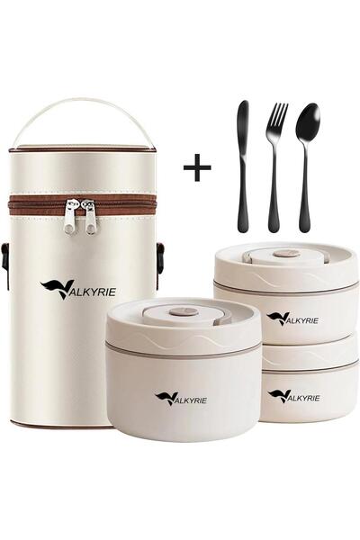 valkyrie 3 Gözlü Paslanmaz Çelik Isı Yalıtımlı Yemek Kabı + Çatal Kaşık Bıçak Seti Çantalı 304 Steel