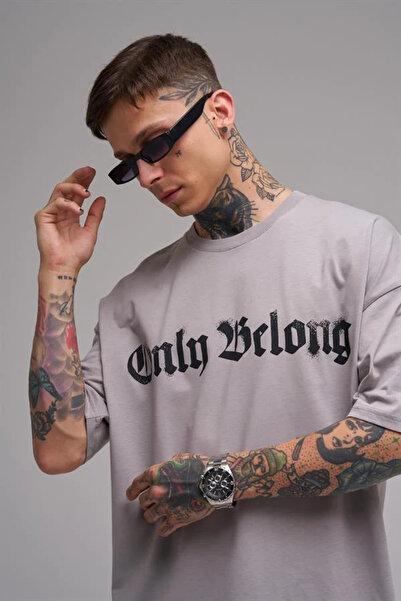 Machinist Unisex Oversized Only Blong Printed Cotton T-Shirt Light Gray