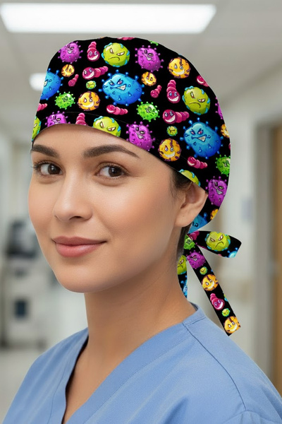 Lion Üniforma Mikrop Desenli Cerrahi Bone Unisex – Likralı Doktor Hemşire Bonesi
