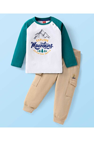 Babyhug Single Jersey Knit Raglan Sleeves T-Shirt &Joggers with Text Print - White, Green &Beige